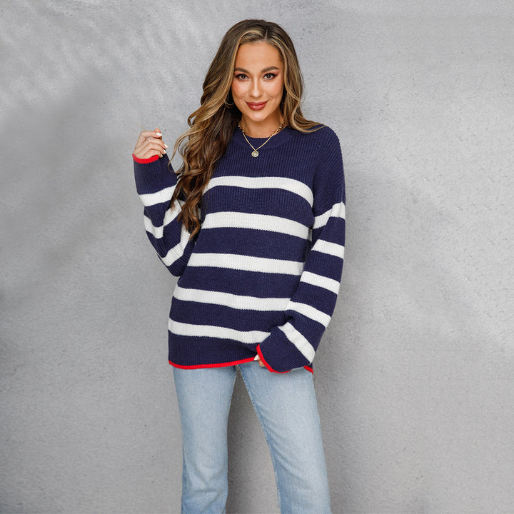 Kvinders strikkede sweater i maritim stribet look Stilla