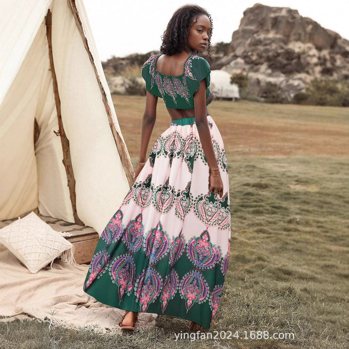Dame Bohemian Off-Shoulder Crop Top og Maxi Skirt Sæt Stilla