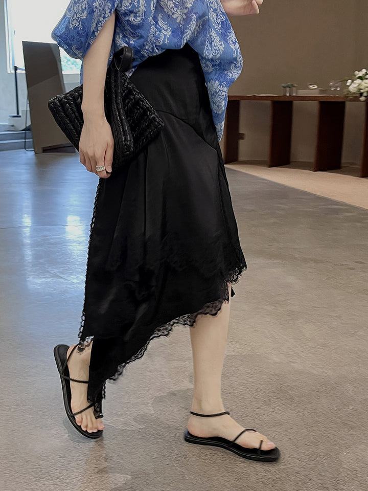 Dame elegant sommernederdel med filigran spidskant og asymmetrisk snit Stilla