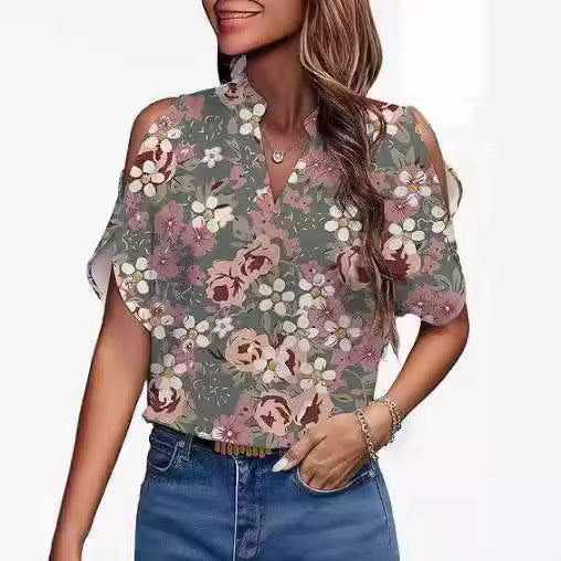 Damebluse med kold skulder og blomstertryk Stilla