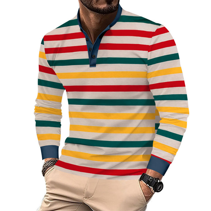 Herren nan stribet langærmet Henley skjorte med ståkrave, slank pasform og elastisk bomuldsblanding Skovae