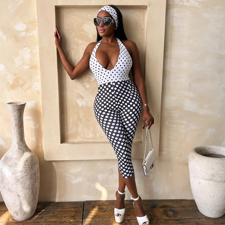 Damen Polka-Dot Jumpsuit mit tiefem V-Ausschnitt und elastischem Material Skovae