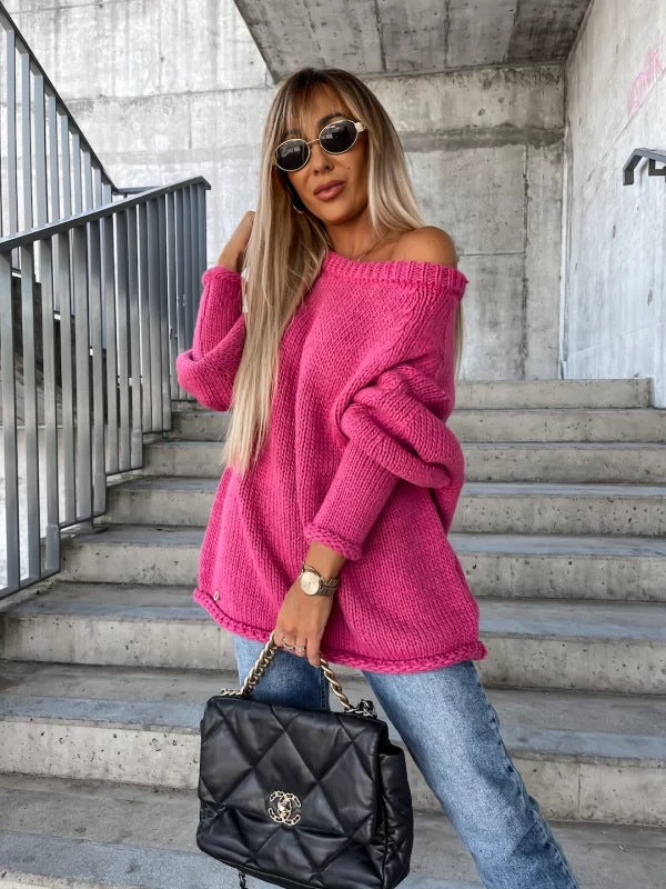 Dame afslappet striktrøje med bred pasform og Off-Shoulder design Stilla