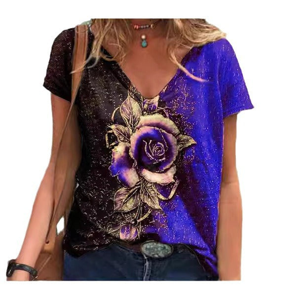 Dame Kunstnerisk Blomster Grafik V-Udsnit T-Shirt Stilla