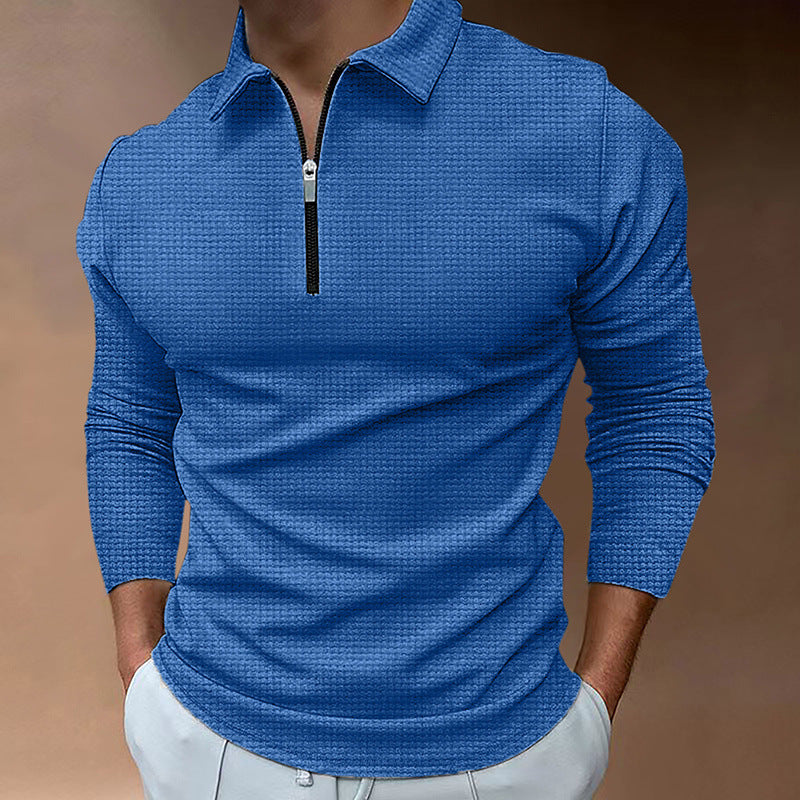 Herre langærmet poloshirt med kentkrave, kort frontlynlås og fin vaffelstruktur Skovae