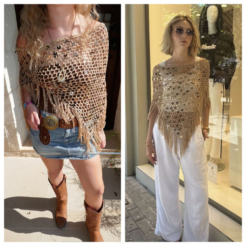 Dame dekorativ spids poncho med elegante palietter og frynser Skovae