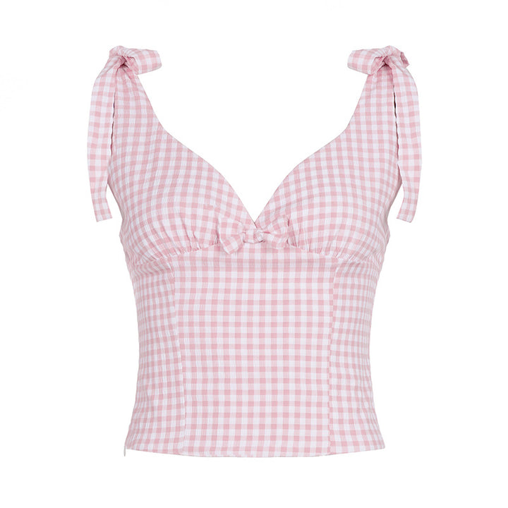 Dame Gingham Crop-Top med søde sløjfe-detaljer Skovae