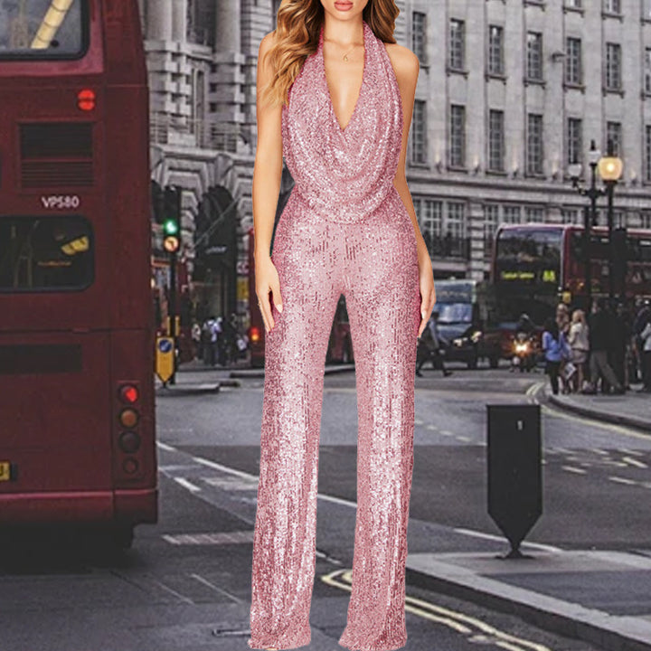 Dame glamourøs jumpsuit med glitrende pailletter og dyb udskæring Stilla