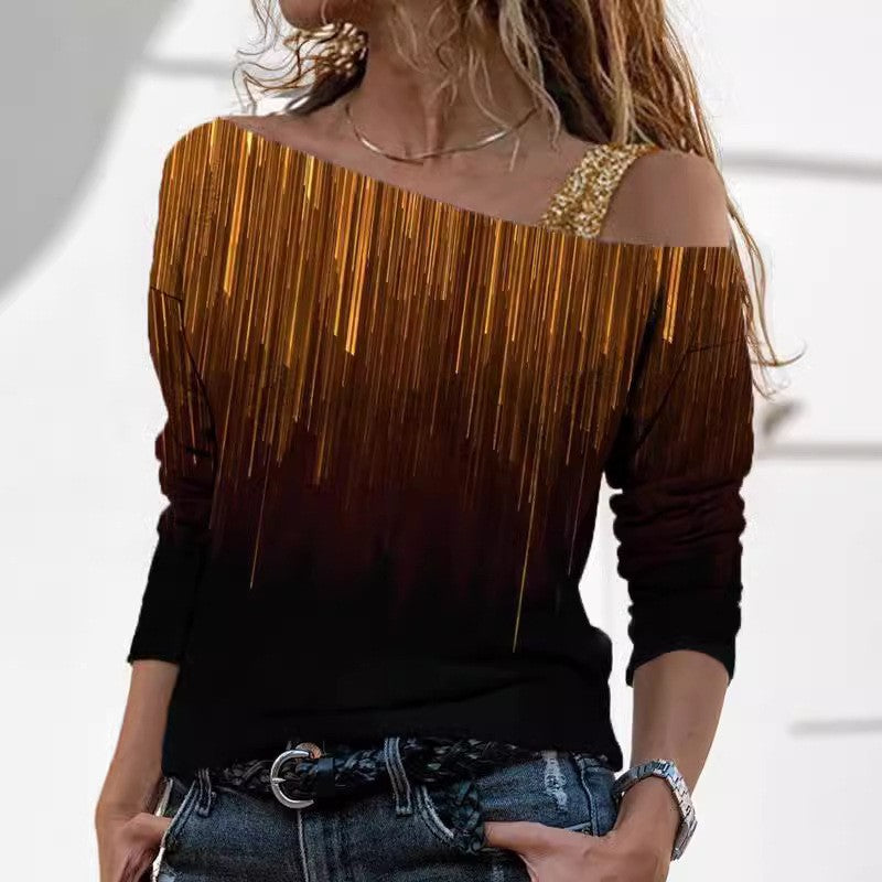 Stilla | Trendy Marmorprint Off-Shoulder Mellemlang Ærme Tee