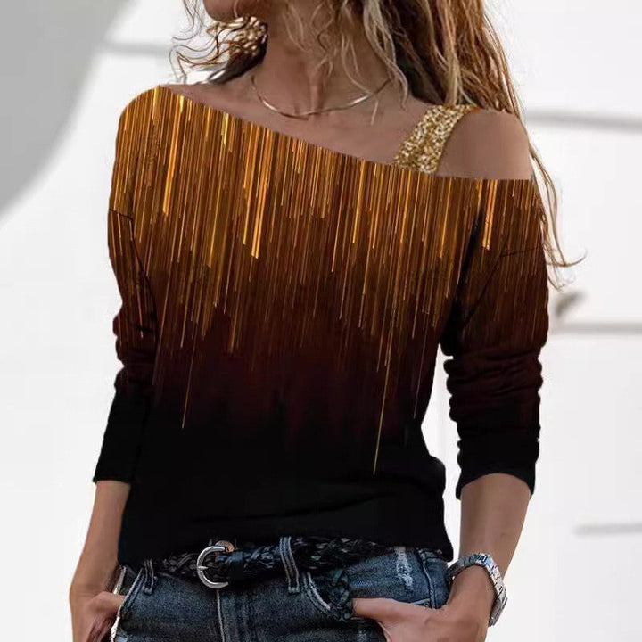Stilla | Trendy Marmorprint Off-Shoulder Mellemlang Ærme Tee