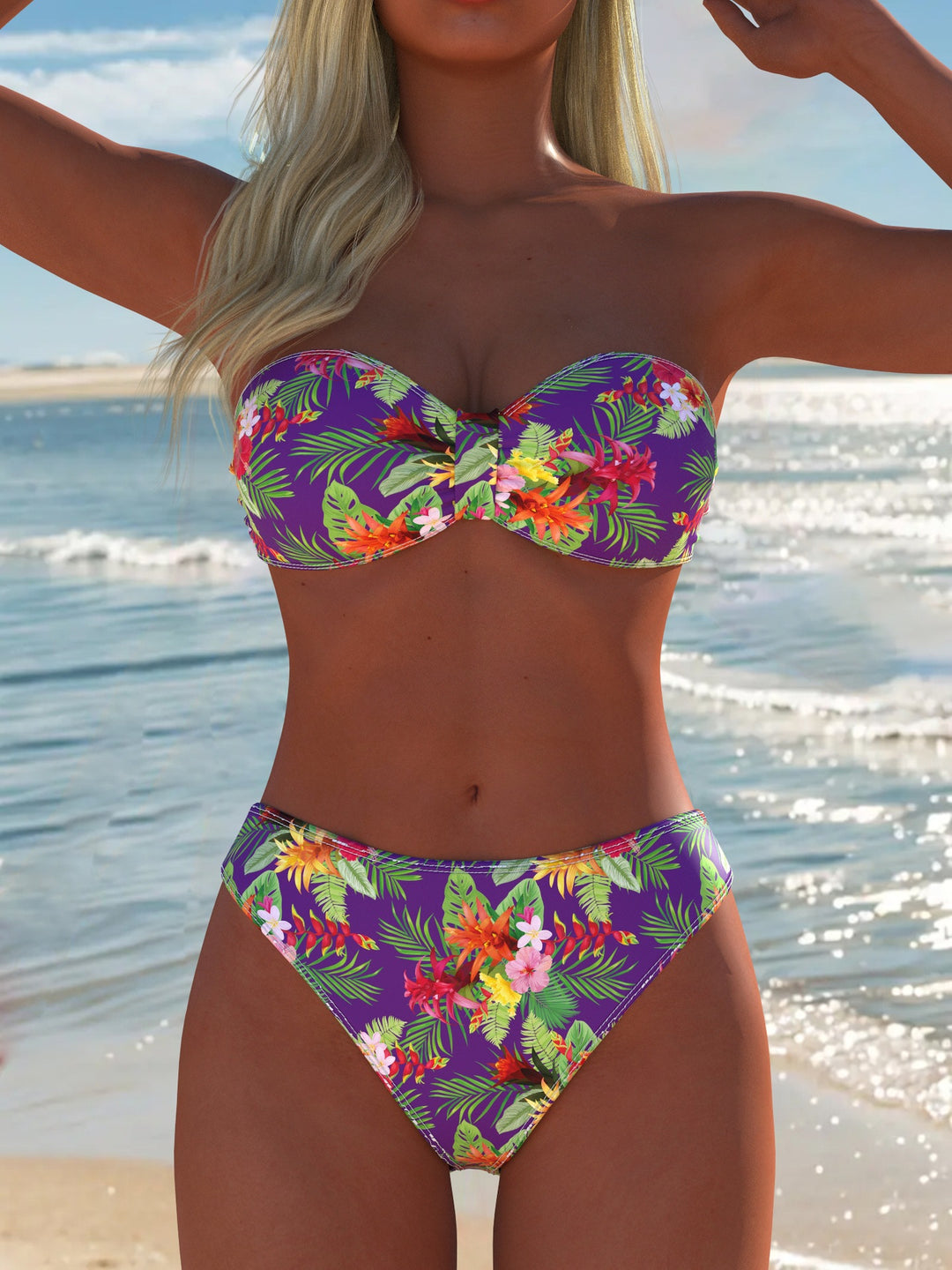 Dame bandeau bikini sæt med blomsterdesign og høj talje