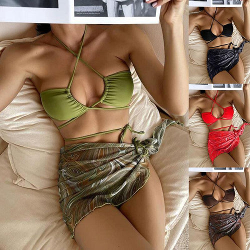 Dame Bandeau-bikini med justerbare stropper og gennemsigtig indpakning nederdel Skovae