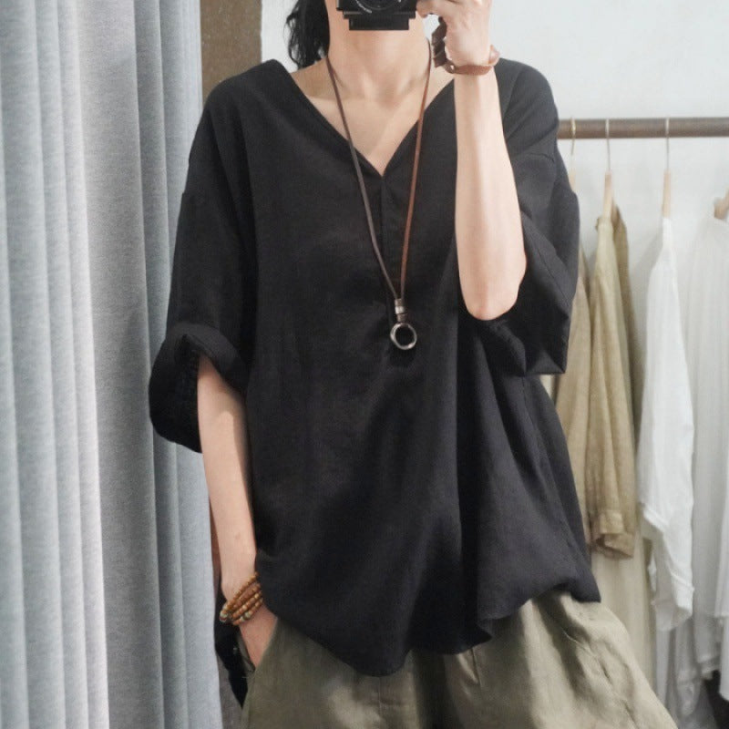 Kvinders oversized linned T-shirt med V-hals og casual fit Stilla