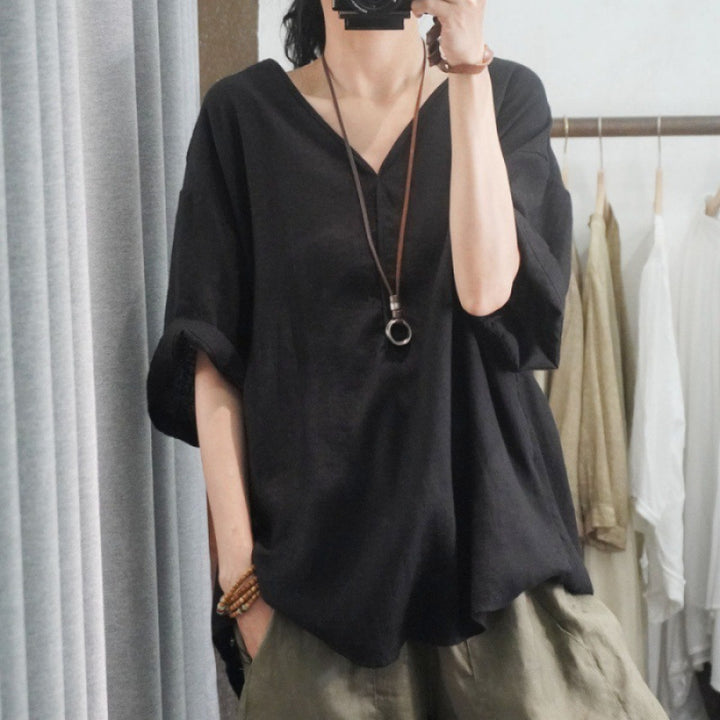 Kvinders oversized linned T-shirt med V-hals og casual fit Stilla