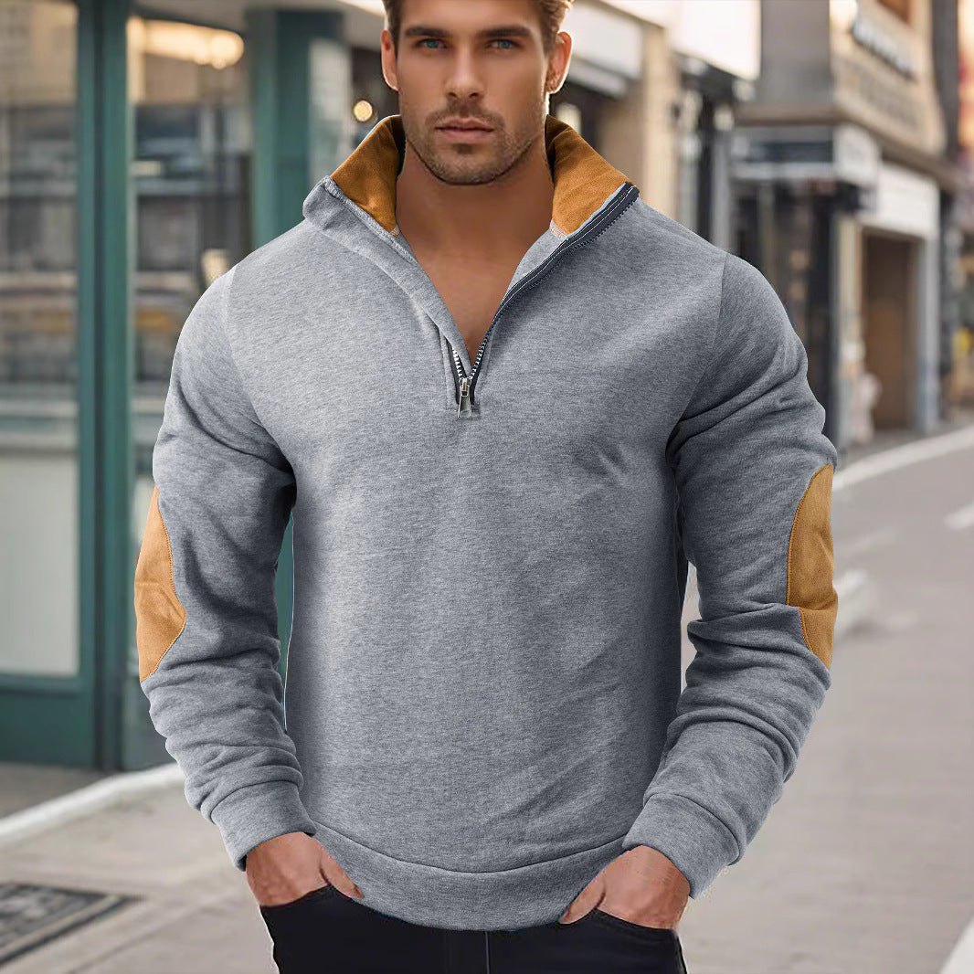 Herrer nan kort lynlås-ståkrave sweater med kontrastkrave og ruskind albue-patches Skovae