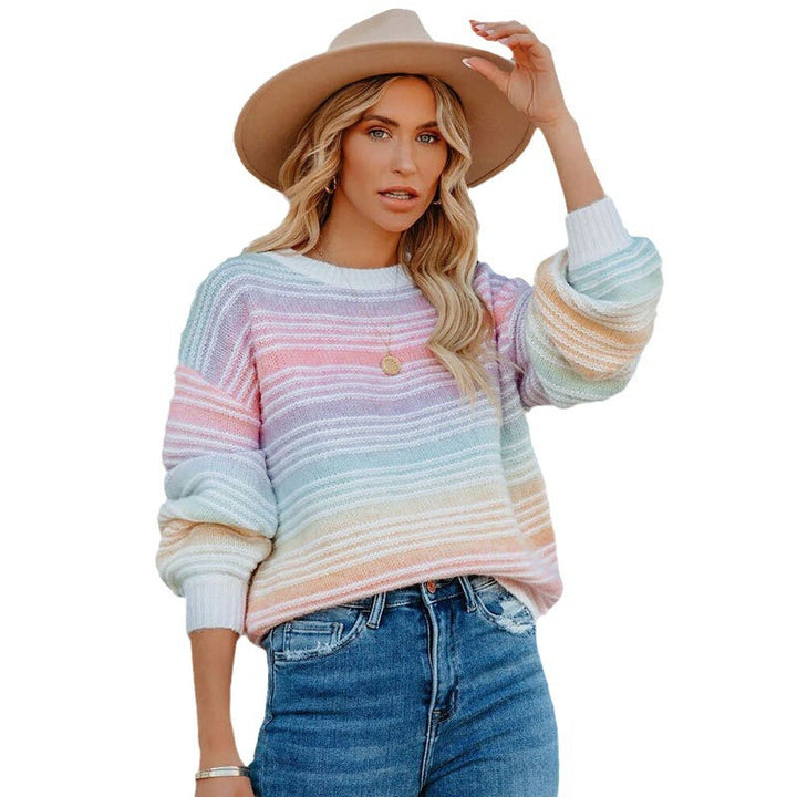 Kvinders casual sweater med farverigt stribemønster og voluminøse ærmer Stilla