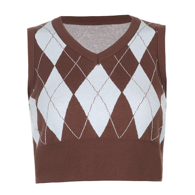 Dame cropped striktop med moderne rhombemønster Skovae