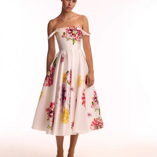 Femme Elegante Off-Shoulder Midi Kjole Stilla