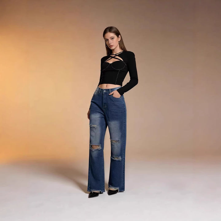 Dame brede jeans med stilfuld destroyed-detail og behagelig pasform Skovae