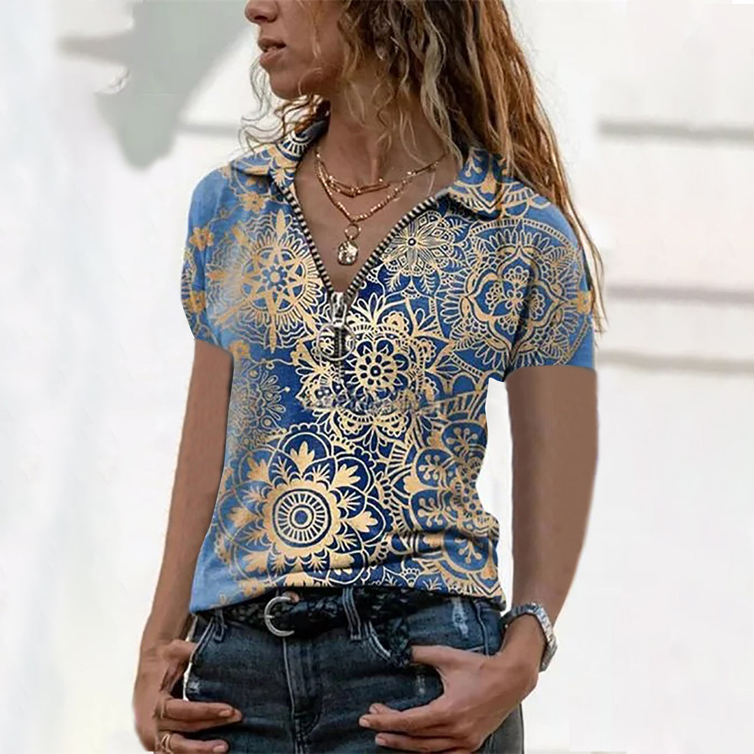 Dame Polo-shirt med florale mønster og figursyet snit Stilla