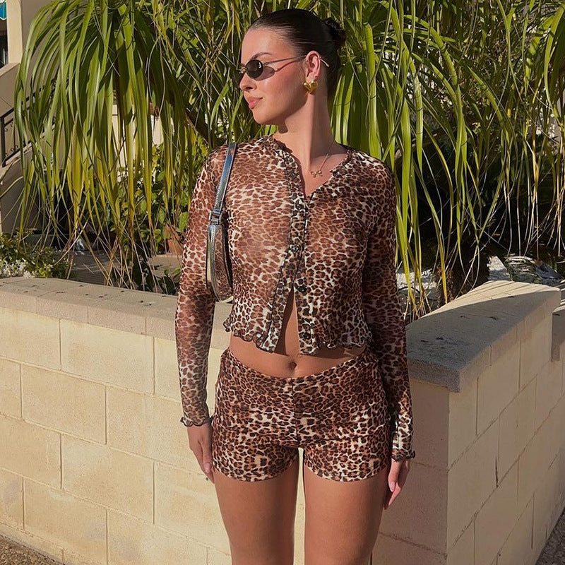 Dame Gennemsigtig Leopardmønster Bluse og Shorts Sæt Skovae