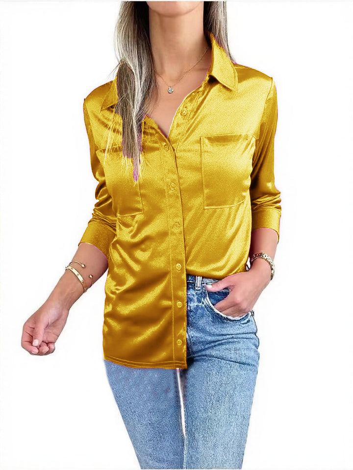 Dame elegant satinbluse med brystlomme og gennemgående knaplukning Stilla