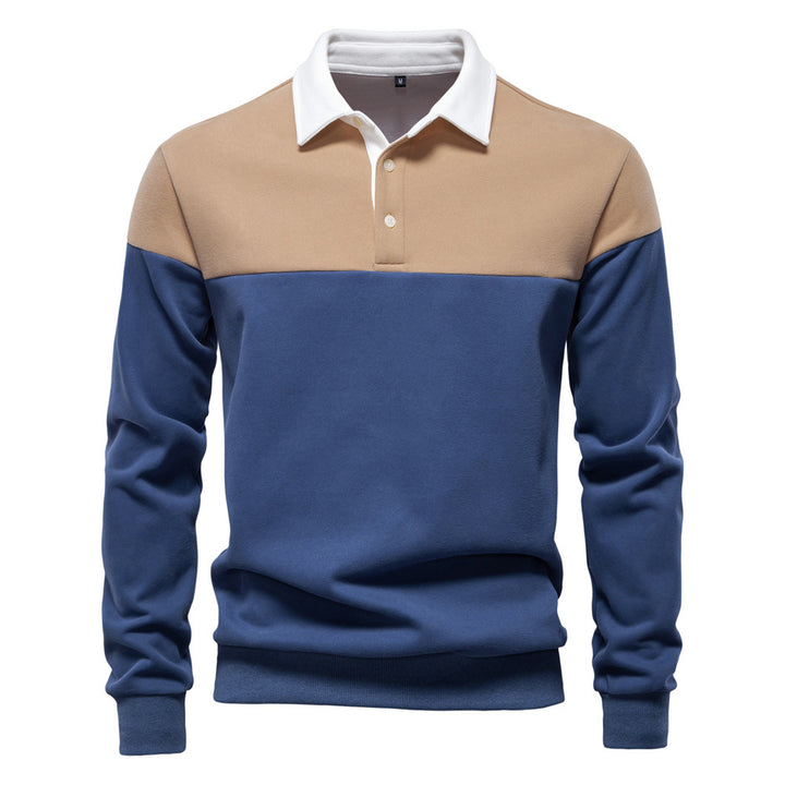 Herren nan sportsligt-elegant langærmet polo i rugby-stil med kontrasterende krave og bredt brystpaneel Skovae