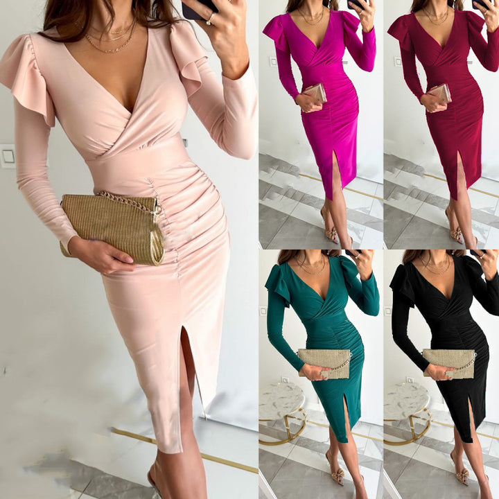 Damer Elegante Langærmet Bodycon Kjole med Flæse Detalje Stilla