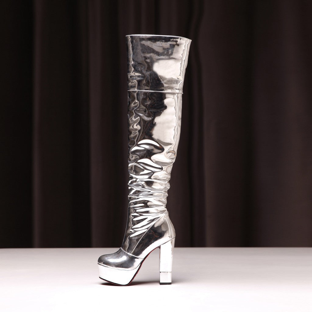 Femme Over-knæet Glinsende Stiletto Platform Støvler Stilla