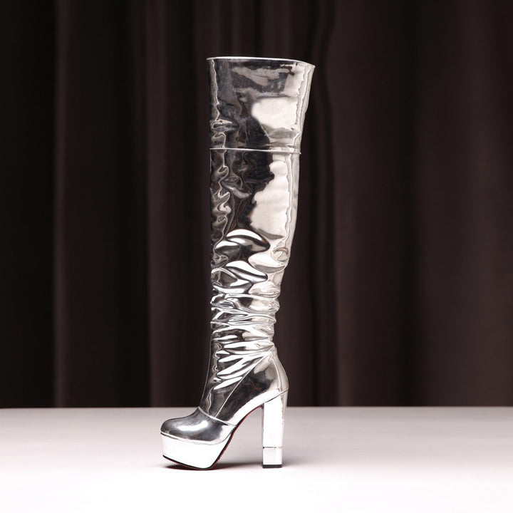 Femme Over-knæet Glinsende Stiletto Platform Støvler Stilla