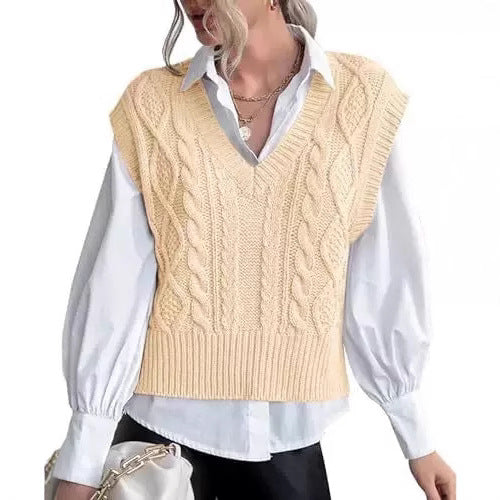 Dame strikpullover i vintage-look med V-udskæring og fletmønster Stilla