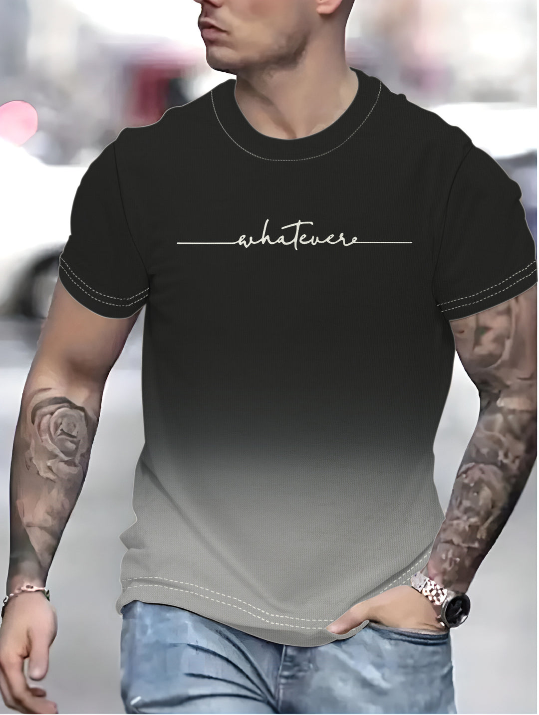 Herrer T-shirt med kreativ inskrift og moderne farvegradient Stilla