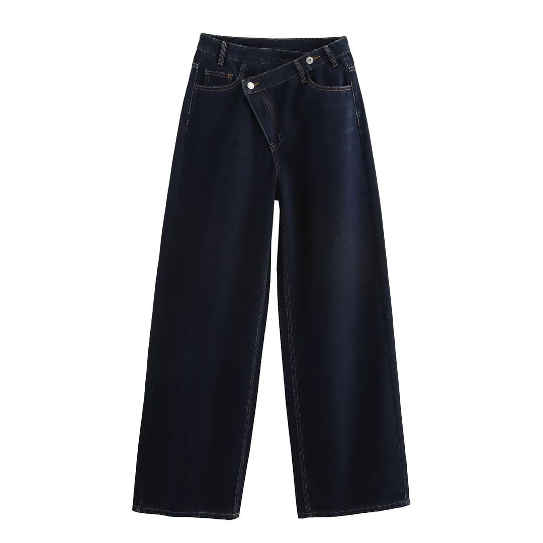 Dame bredt skårne jeans med asymmetrisk knaplukning og høj talje Skovae