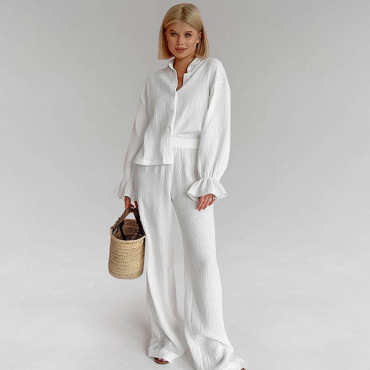 Dame linned blouse og løstsiddende bukser i afslappet stil Stilla