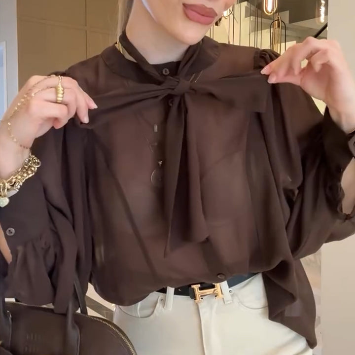 Dame Gennemsigtig Bluse med Sløjfe Krave og Voluminøse Ærmer Stilla
