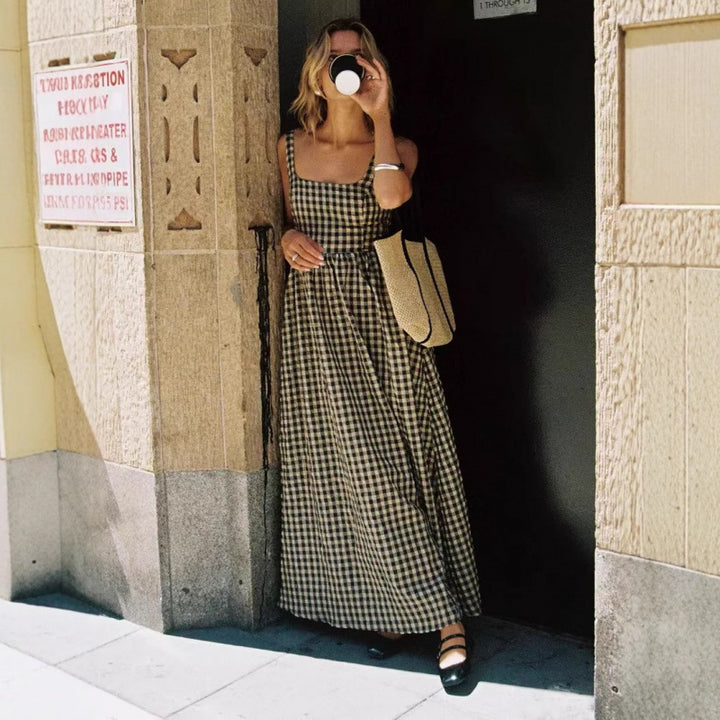 Dame Gingham Ternet Maxi-Kjole med justerbare stropper Stilla