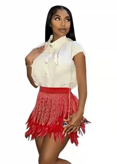 Ladies Glamorous Skirt with Sparkling Sequins and Feathers