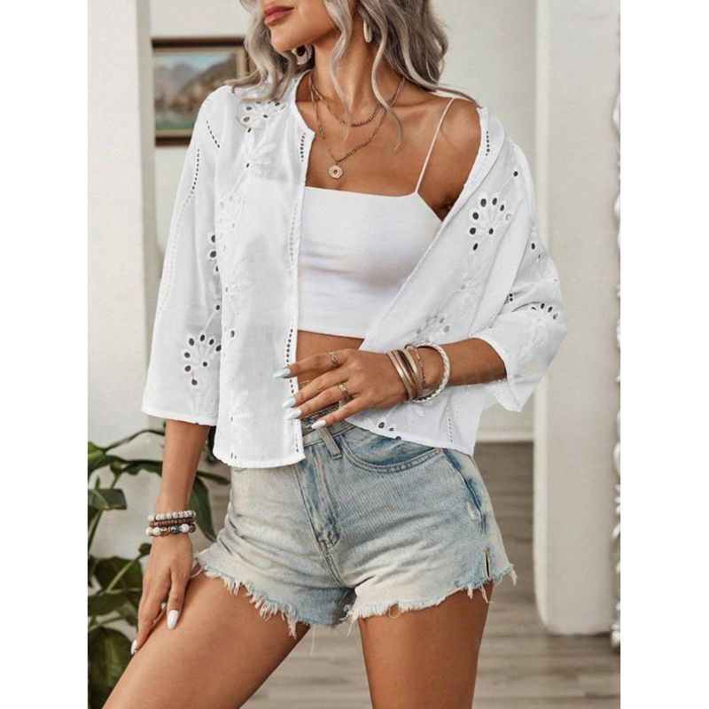 Dame Let Bluse med Hulbroderi Stilla