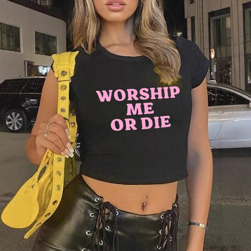 Dame Crop-T-Shirt med iøjnefaldende statementtryk Skovae