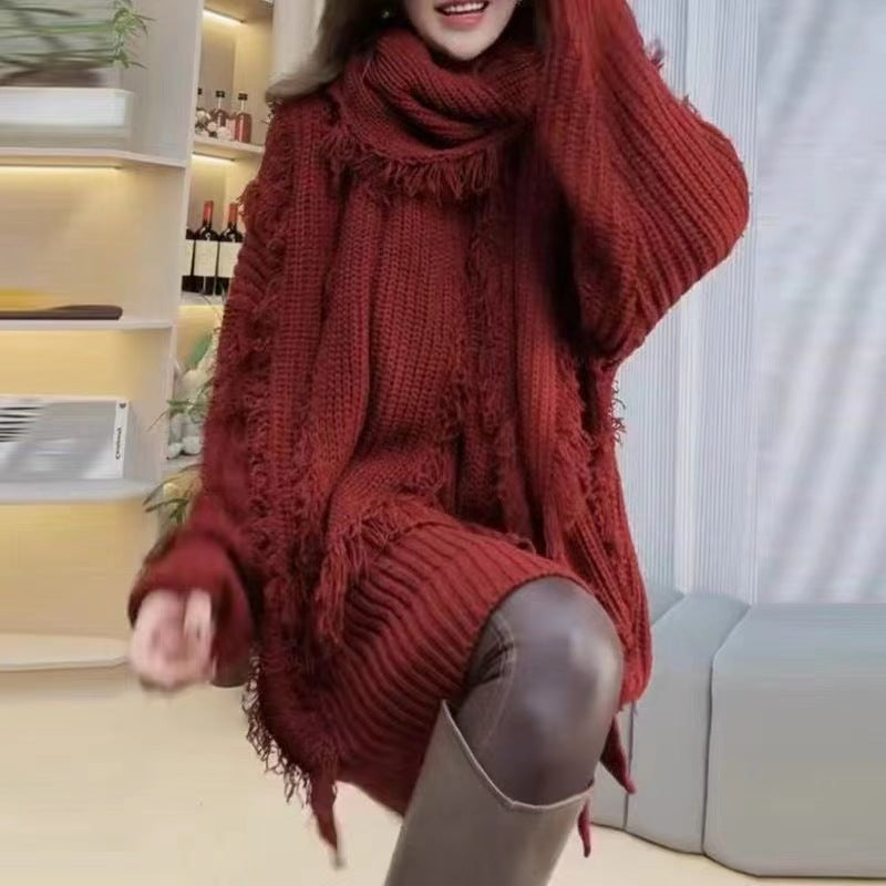 Kvindernes oversized strikket sweater med frynser og V-hals Stilla