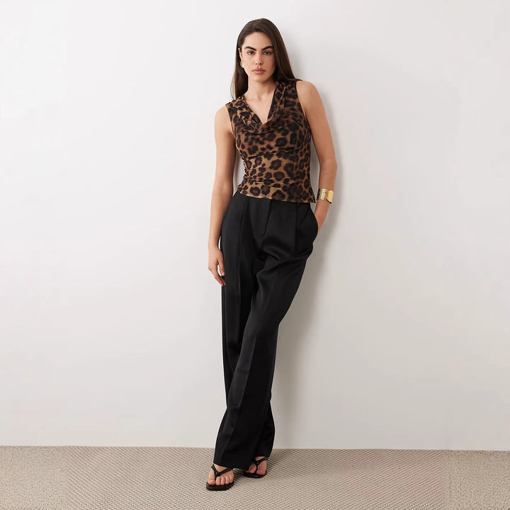 Dame Cowl-Neck Top med leopardmønster Skovae