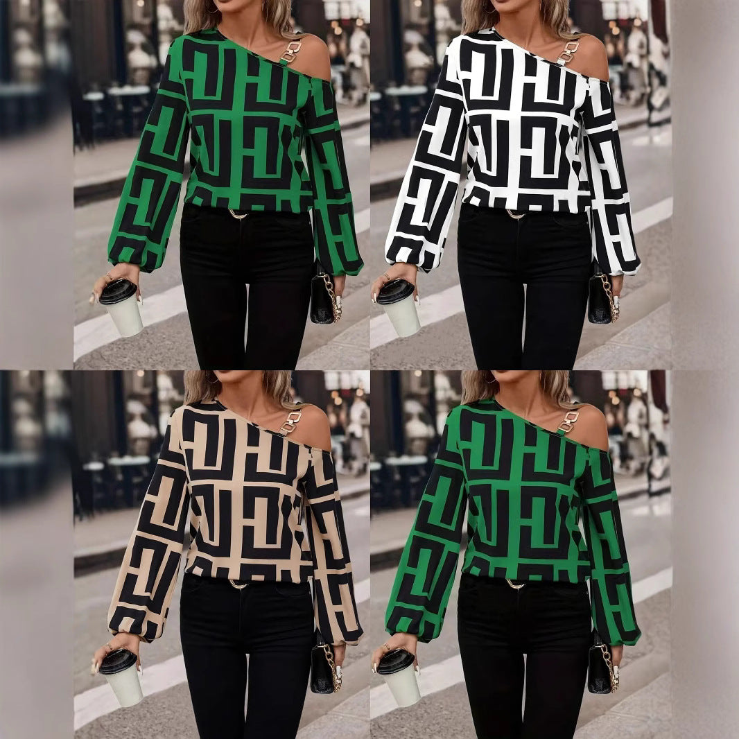 Dame Off-Shoulder Bluse med grafisk mønster og elegante detaljer Stilla