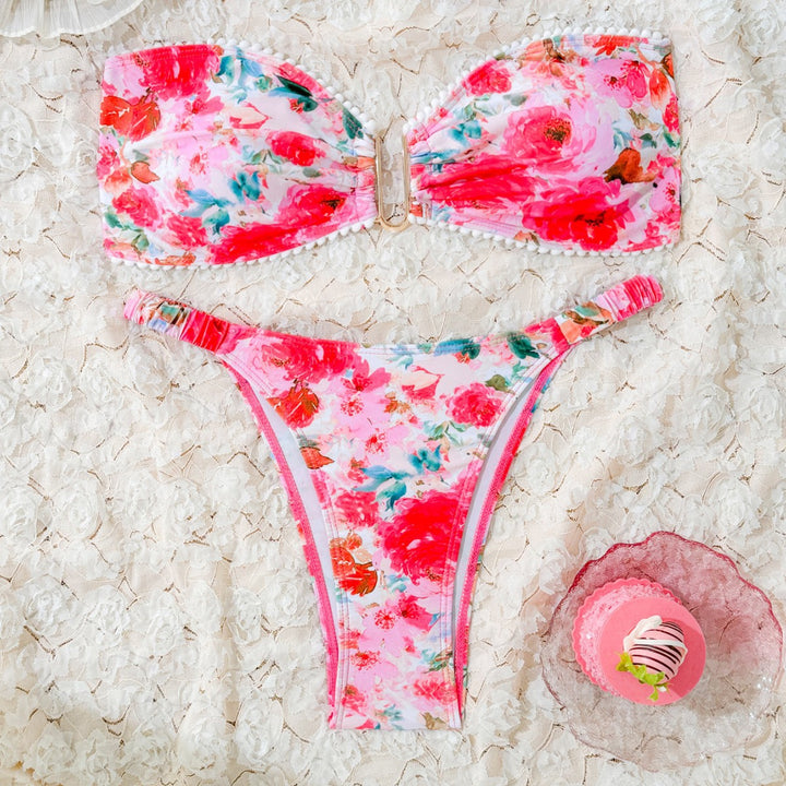 Dame Floral Print Bandeau Bikini Sæt Stilla
