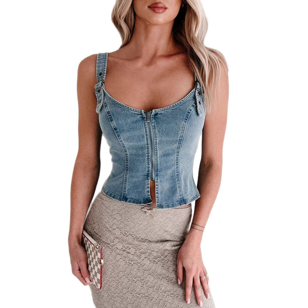 Dame Denim-Corsage med lynlås og justerbare stropper Stilla