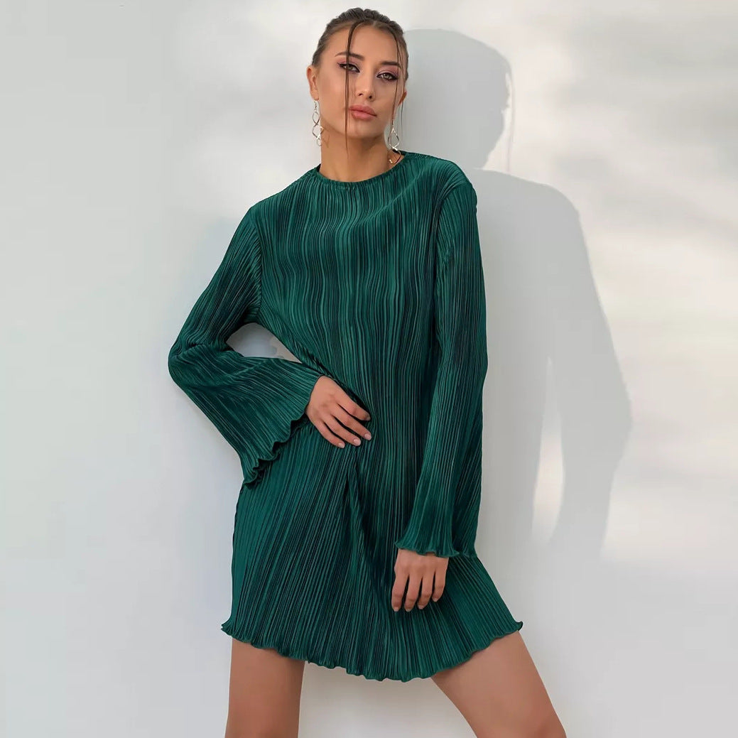 Dame Plisseret Mini-Kjole med Lang Ærme og Elegant Ståkrave Stilla