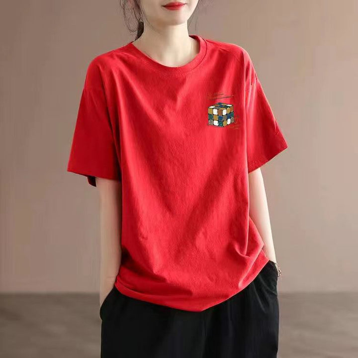 Dame T-shirt med kreativ Rubik-kube-design Stilla