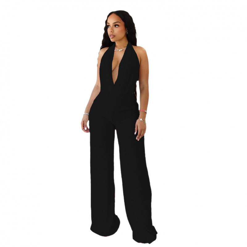 Damer Elegant Deep-V Jumpsuit med buet ryg og bred skåret ben Skovae