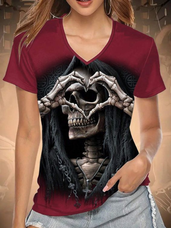 Dame T-shirt med kreativt skeletmotiv og V-udskæring Stilla