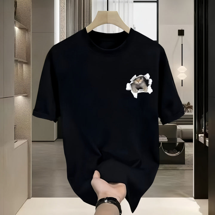 Dame T-shirt med kreativ kattemotiv og legende hul-design Stilla