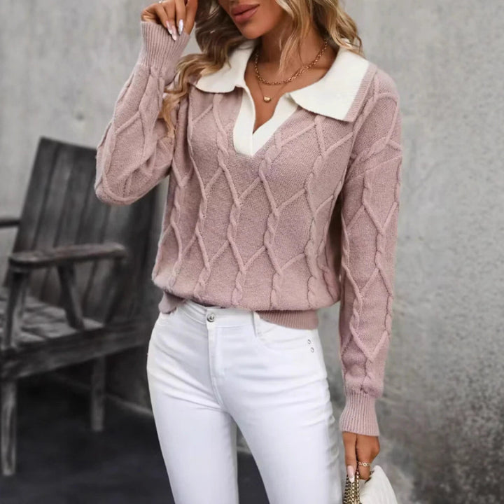 Kvinders strikkede pullover med klassisk polo krave og diamant tekstur Stilla